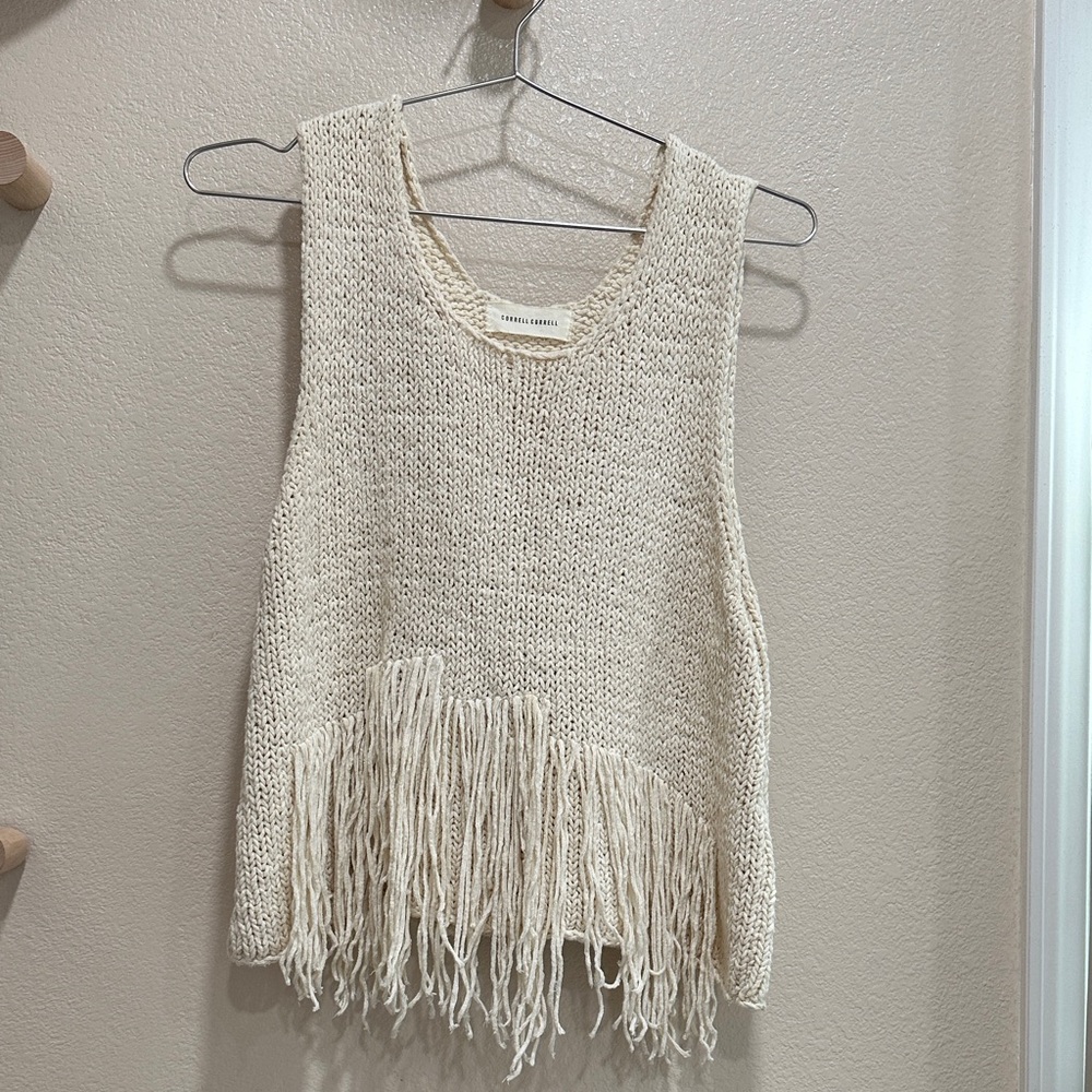 Stylish Cream Knit Tank with Fringe